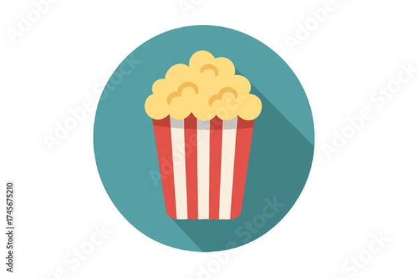 Fototapeta Popcorn flat icon with long shadow. Cinema movie food snack symbol for web. Vector illustration entertainment design element. Red striped box for film night festival.