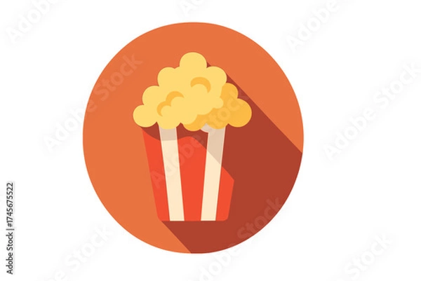 Fototapeta Popcorn flat icon with long shadow. Movie night snack in striped box. Cinema food concept vector illustration. Entertainment treat in bucket. Isolated retro graphic symbol.