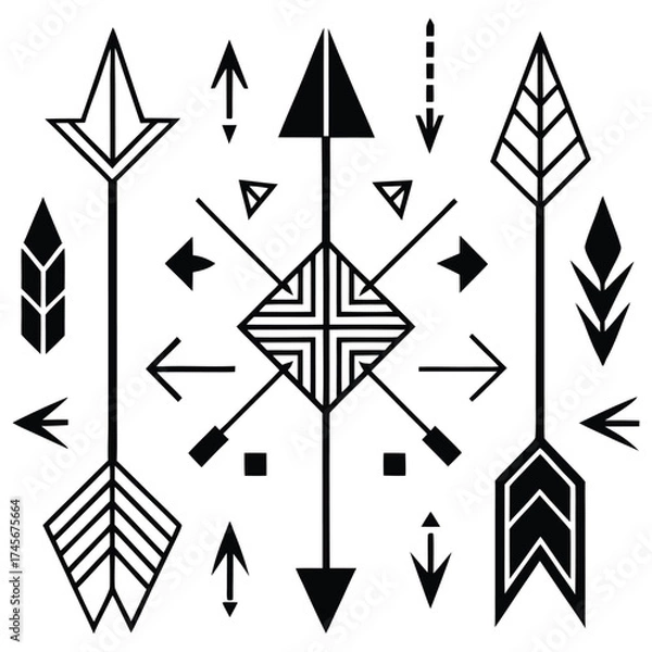 Fototapeta Geometric tribal arrows and symbols in a stylized native american inspired design