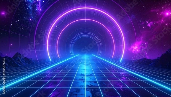 Fototapeta Synthwave neon tunnel into the cosmos with grid floor