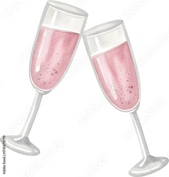 Obraz Watercolor toast with pink champagne on transparent background.