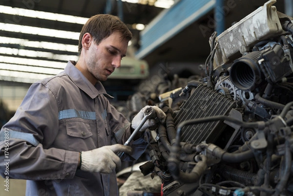 Fototapeta Male auto mechanic working, using socket wrench tighten old engine nuts for separate parts in warehouse auto spare parts. Car service technician check and repair car engine in garage