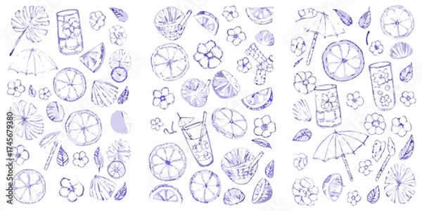 Fototapeta Summer vacation elements in purple watercolor style with lemons drinks flowers and umbrellas