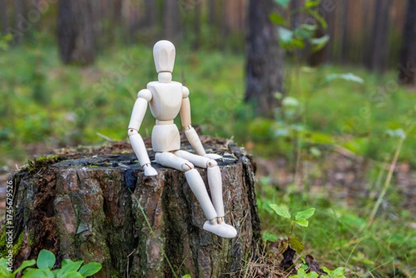 Fototapeta A wooden figure of a man sits with his legs dangling on a pine stump