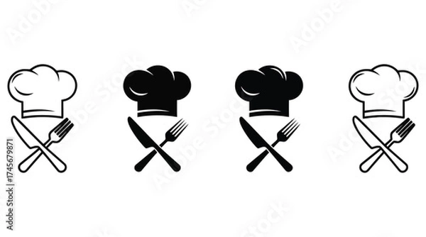 Fototapeta Vector art of set of chef hat and cutlery icons to represent cooking and cuisine