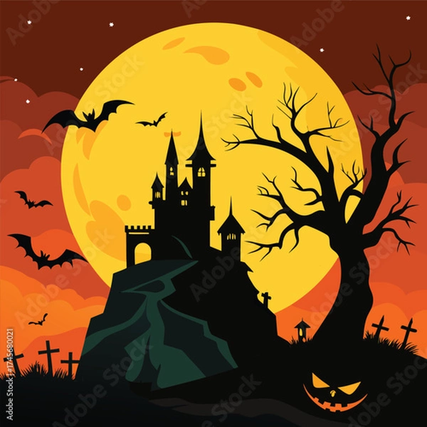 Fototapeta Spooky halloween castle silhouette on a hill under a giant full moon with bats and a creepy tree