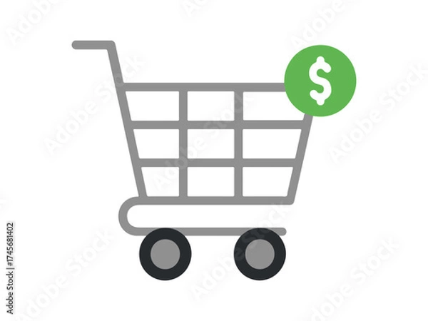 Fototapeta A simple red shopping cart icon with wheels representing commerce and retail isolated on transparent background