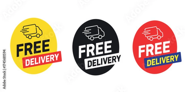 Fototapeta Graphic illustration of a free shipping or FREE DELIVERY offer with bold text and a prominent icon isolated on white background.