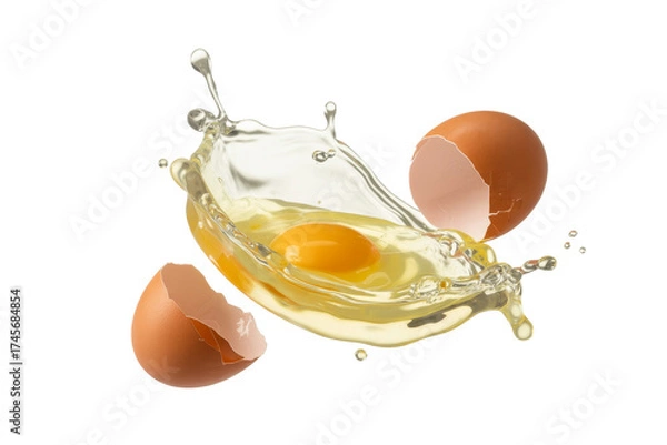 Fototapeta Eggs breaking and splashing on a transparent background creating a dynamic scene of action