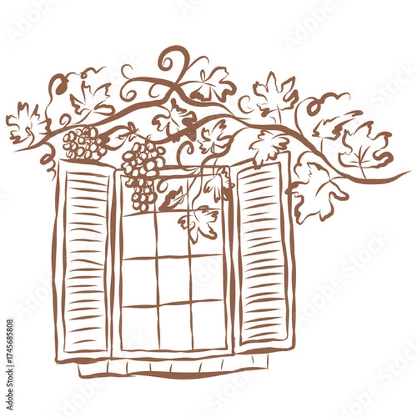 Fototapeta Line Art of Window with Vines Illustration. Hand-Drawn Doodle.