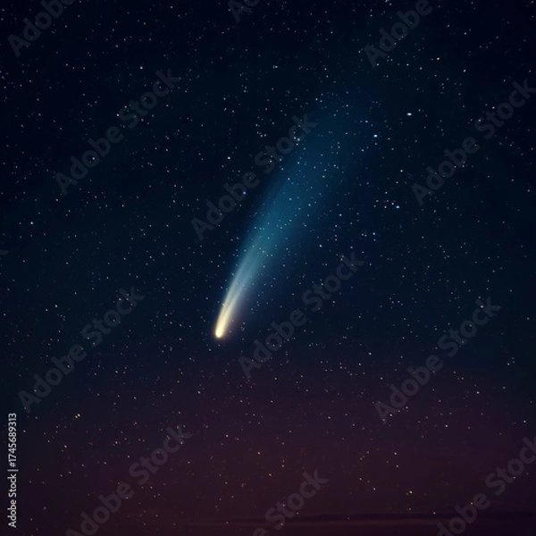 Fototapeta A Lone Comet with a Faint Blue Tail Streaking Across a Starry Night Sky at Twilight