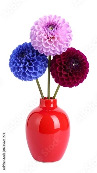Fototapeta Three colorful dahlia blossoms in a red vase