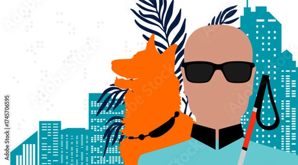 Fototapeta Blind people in urban space. Vector conceptual illustration. A blind man with a guide dog on the background of a city and Braille