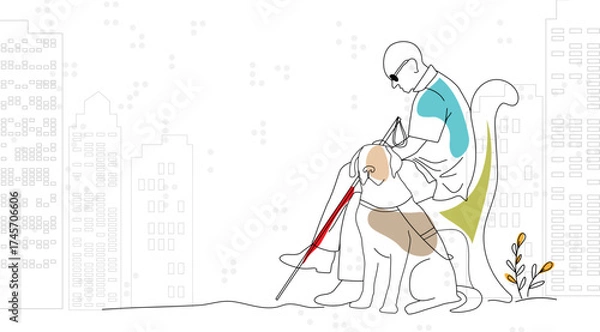 Fototapeta Blind people in urban space. Vector conceptual illustration. A blind man with a guide dog on the background of a city and Braille. Line art