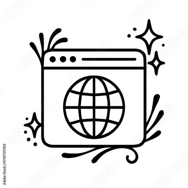 Obraz Minimalist Internet Browser Icon – Globe in Window with Sparkles and Motion Lines