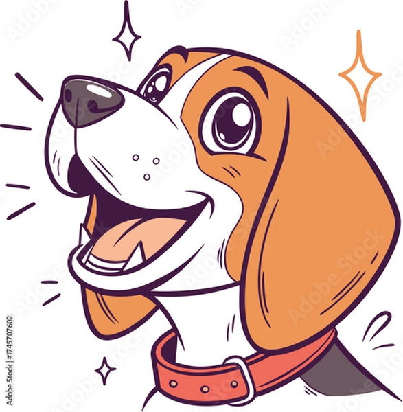 Fototapeta Cute beagle puppy cartoon head illustration, dog face with a happy smile and shining eyes, flat vector art. Joyful pet animal character with brown and white fur, simple design for vet, training, or an