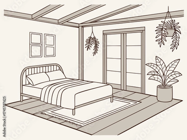 Fototapeta Isometric bedroom interior, vector line art illustration of a minimalist and bohemian room with a bed and houseplants. Sketch drawing of modern home decor with a terrace style ceiling and windows.
