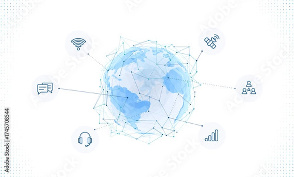 Fototapeta Abstract polygonal earth globe. Connected digital lines, communication icons. Worldwide connection concept, online network, real-time information exchange. Global internet and social communication.