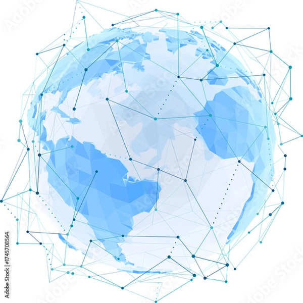 Fototapeta Polygonal 3D vector globe. Digital wireframe planet, lines and dots connects. Global network communication, modern technology. Futuristic earth sphere concept. worldwide data and internet connection.