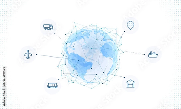 Fototapeta Digital earth globe made of polygons with logistics and transportation icons around. Concept of global trade, delivery, and supply chain management using modern technology and data connectivity.
