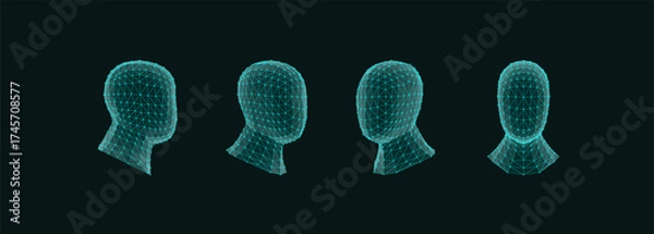 Fototapeta Abstract 3D digital human head set. Poly wireframe mesh technology, vector geometric lines. Design for network connections, futuristic innovation. Business, science and artificial intelligence concept