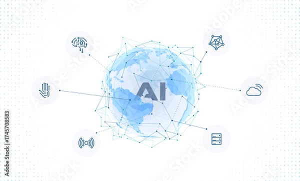 Fototapeta 3D Polygonal planet earth, digital connections, technology icons. Abstract globe as global artificial intelligence, internet of things network. Futuristic concept of data transfer, neural systems.