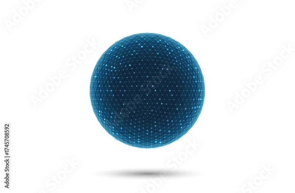 Fototapeta Polygonal 3D sphere, blue glow on wireframe nodes. Abstract geometric for data network, artificial intelligence, and digital technology. Futuristic low poly earth concept. Vector on white background.