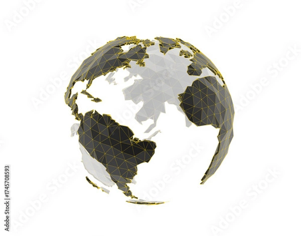 Fototapeta Polygonal 3D globe. Digital wireframe sphere. Abstract geometric earth map, global ai technology and data network structure. Low poly planet concept isolated on white background.