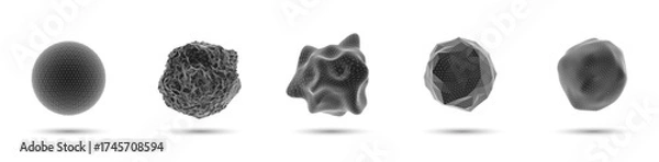 Fototapeta Polygonal 3D spheres set. Abstract geometric deformations in sharp, smooth, fractured and spiky styles. Futuristic digital shapes for artificial intelligence, data transformation and technology design