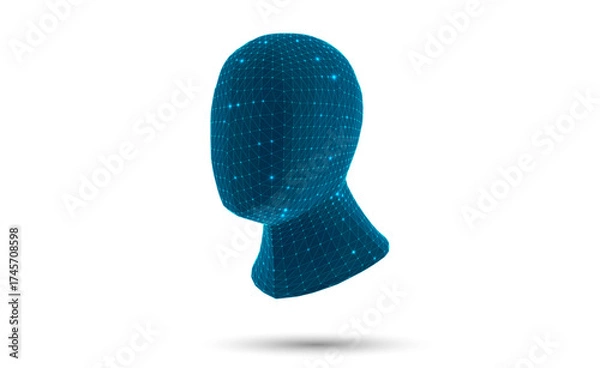 Fototapeta Polygonal 3D head, blue glow on wireframe nodes. Abstract geometric for neural networks, artificial intelligence, and digital technology. Futuristic low poly human concept. Vector on white background.
