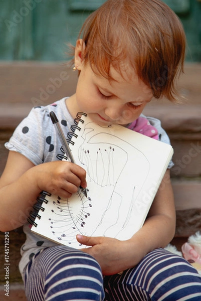 Obraz Girl illustrating her imagination in a sketchbook.