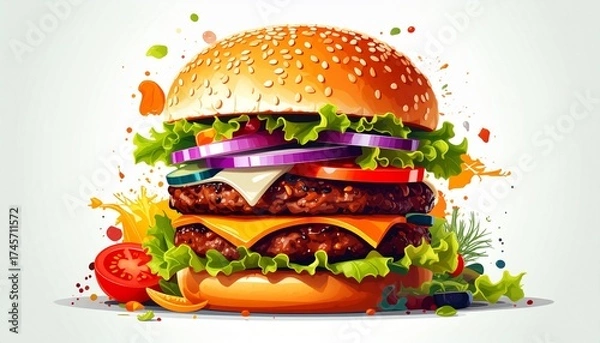 Obraz Delicious Double Cheeseburger with Fresh Toppings and Vibrant Watercolor Style.