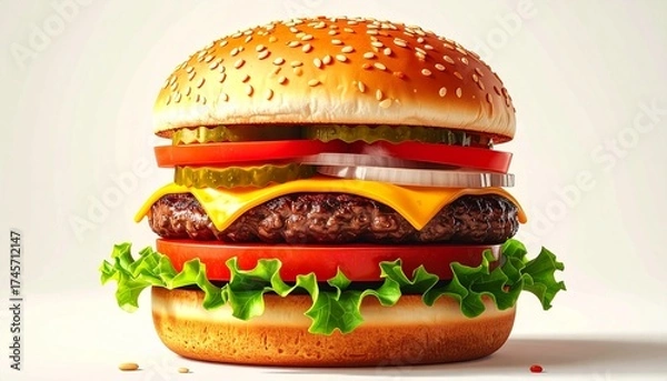 Obraz Delicious classic cheeseburger with fresh toppings isolated on a white background.