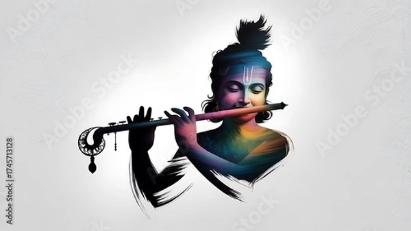Fototapeta Silhouette of Lord Krishna holding a colorful flute on a white background.