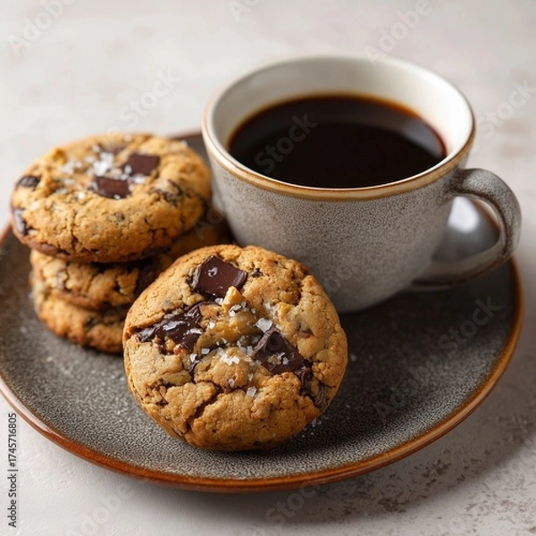 Fototapeta Gourmet Chocolate Chunk Cookies with Sea Salt Flakes Served with Coffee on a Stoneware Plate