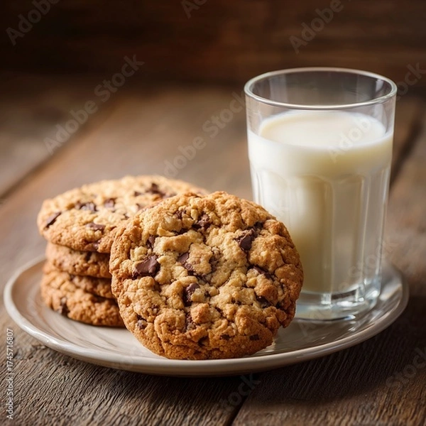 Fototapeta A Freshly Baked Stack of Oatmeal Chocolate Chip Cookies Served with a Glass of Milk on a Rustic Wooden Table