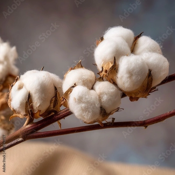 Fototapeta A Detailed Still Life Image of Raw Cotton Bolls on a Branch Against a Textured Studio Backdrop