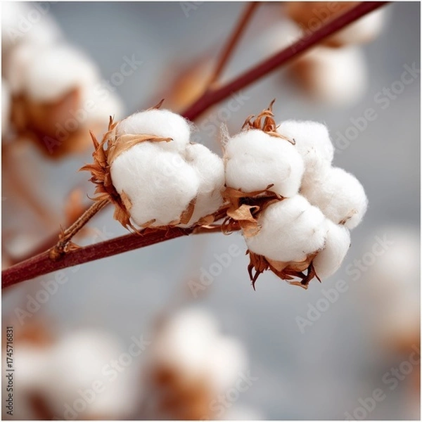 Fototapeta  A Delicate Close-Up Shot of Soft, White Cotton Bolls on a Thin Branch with a Soft-Focus Background