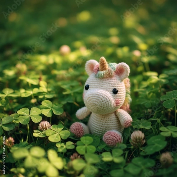 Fototapeta A Charming Amigurumi Unicorn with a Rainbow Mane Sits Happily in a Sunlit Patch of Four-Leaf Clovers