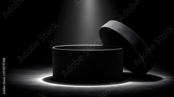 Fototapeta Empty Open Black Box with a Texture in a Spotlight for a Luxury Gift Product Display