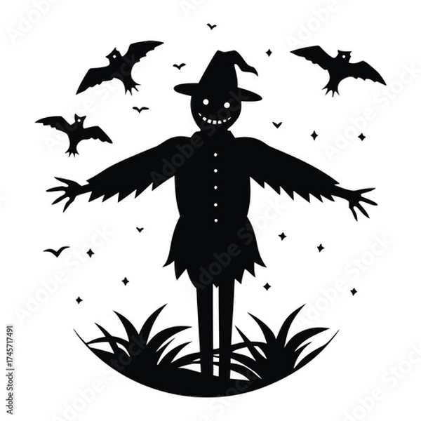 Fototapeta Bone Scarecrow in Moonlit Cornfield with Flying Crows in Minimalist Spooky Vector Style