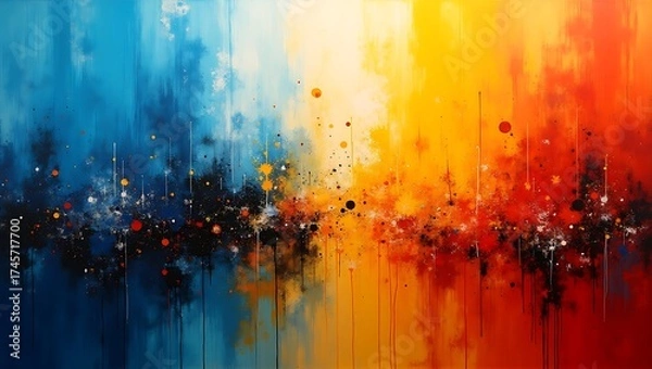 Obraz Vibrant abstract painting with splashes of blue yellow and red
