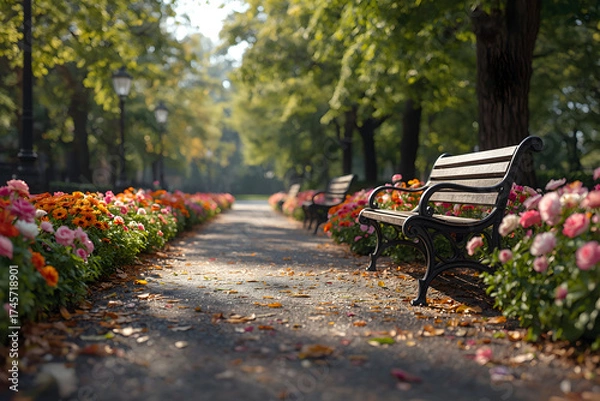 Fototapeta A serene park pathway lined with vibrant flowers and inviting benches for peaceful reflection