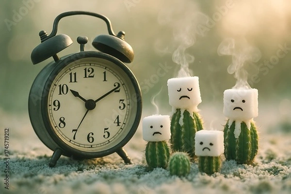 Obraz Melting cactus candles with alarm clock