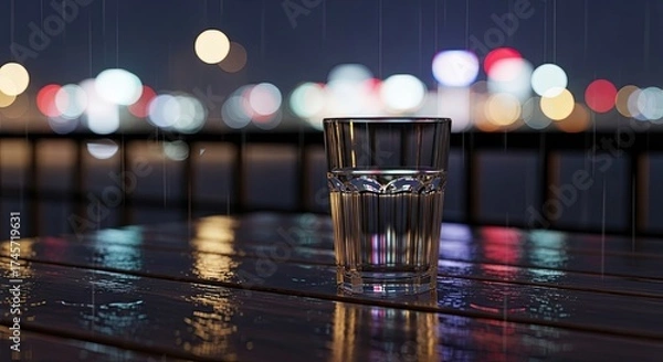 Fototapeta Glass of water on a wet table with bokeh lights at night