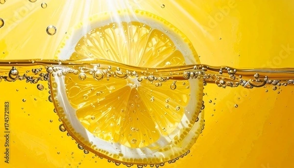 Fototapeta Lemon slice in water, sunlight effect