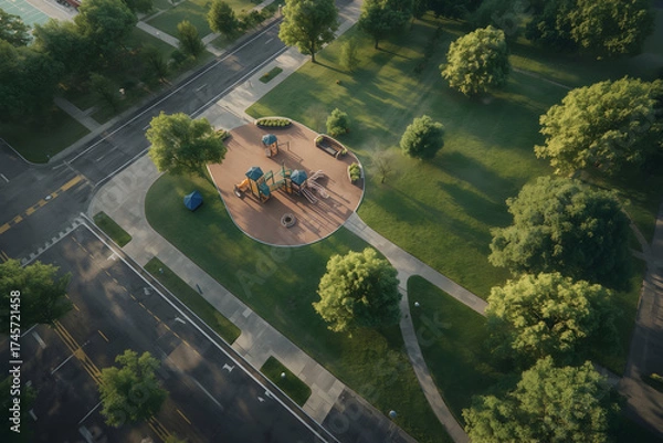 Obraz Aerial View of a Picturesque Park with Playground, Lush Greenery, and Winding Pathways