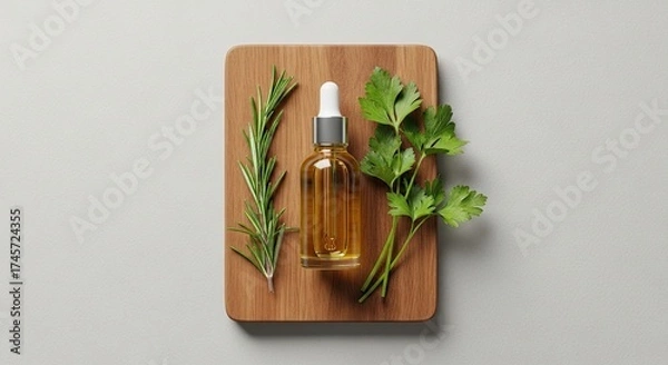 Fototapeta Herbal Extract Essential Oil Extraction Process Ingredients and Tools