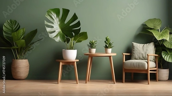 Obraz Cozy living room corner with lush green plants and natural wood accents