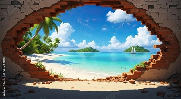 Fototapeta Tropical paradise glimpsed through a broken wall